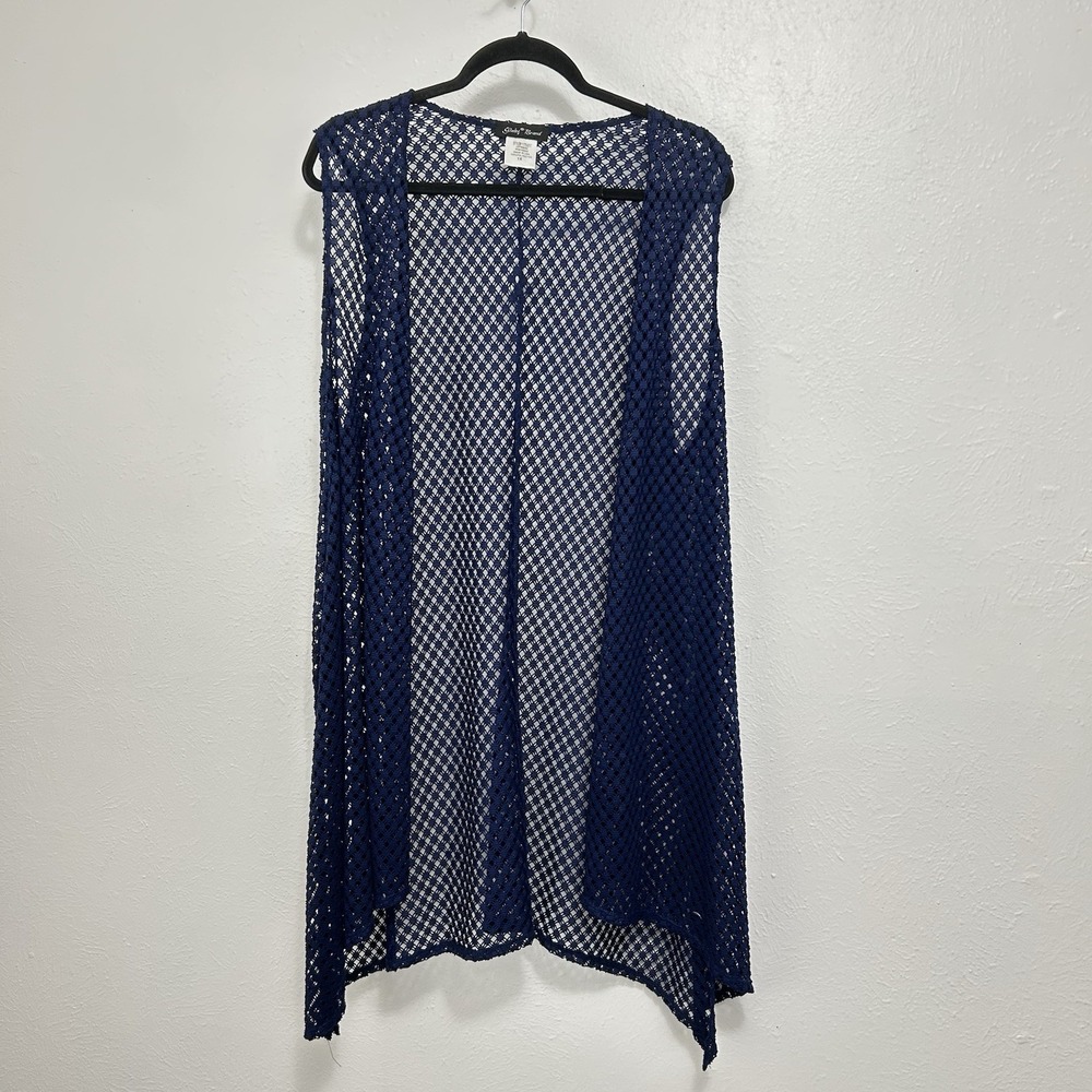 Slinky Brand Blue Mesh Duster Cardigan Cover Up Size 1X Sheer Open Front Flowy